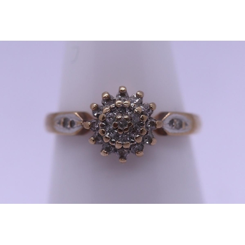 67 - 9ct gold 3-tier diamond cluster ring - size I