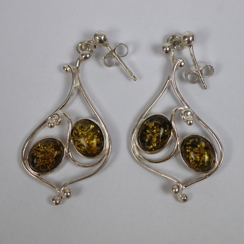 11 - Pair of silver & amber earrings