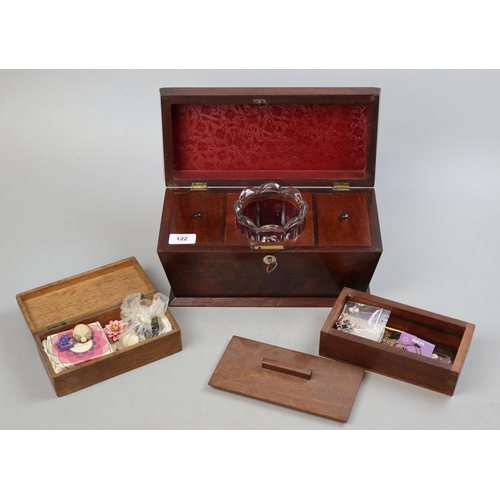 122 - Sarcophagus mahogany tea caddy together with 2 jewellery boxes and contents 