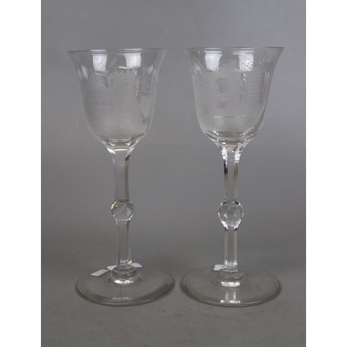 126 - Pair of tall etched glasses - Tutbury Church and Castle 1925 - Approx H: 25.5cm