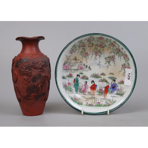 129 - Hand-painted Oriental dish together with pottery vase