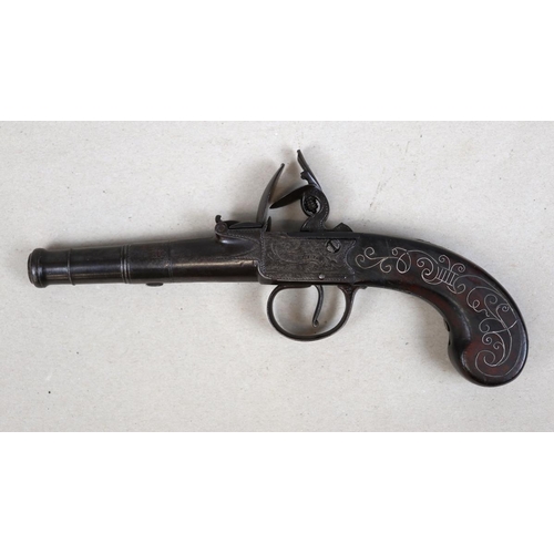 144 - Late 18thC (1790's) cannon barrel 54 bore flintlock, silver wire inlay to flat sided bag grip, engra... 