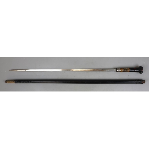 147 - Victorian colonial Swordstick, bone inlay to handle, flat steel fullered blade, nickel locking ring