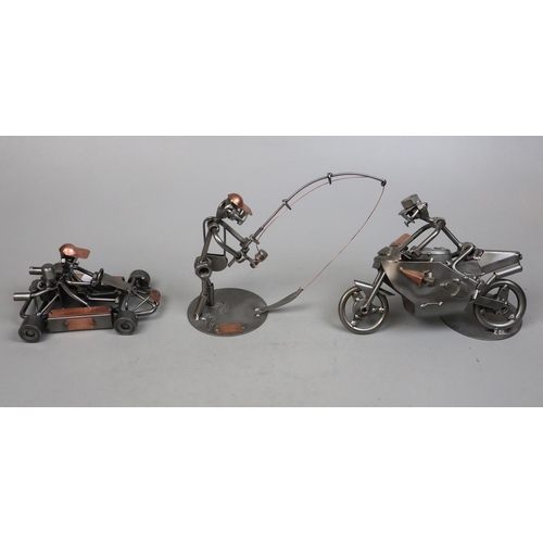 155 - 3 nuts and bolts Hinz & Kunsts sculptures - Fisherman, go-kart & motorcycle