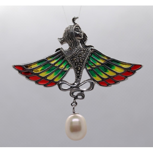 18 - Silver & enamel pearl drop pendant/brooch