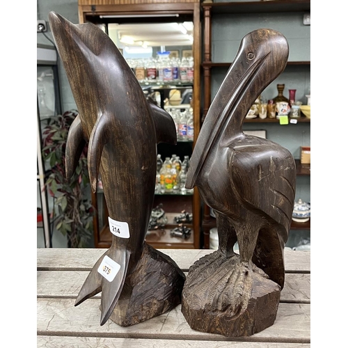 214 - 2 carved wooden animal figures - Approx H of tallest: 37cm