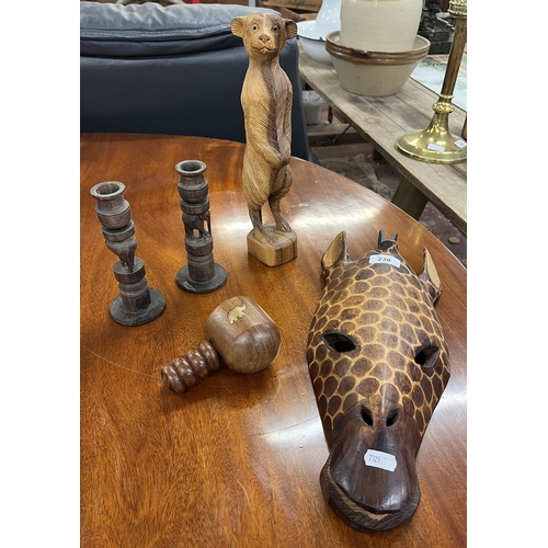 238 - Collection of African items to include carved meerkat figure