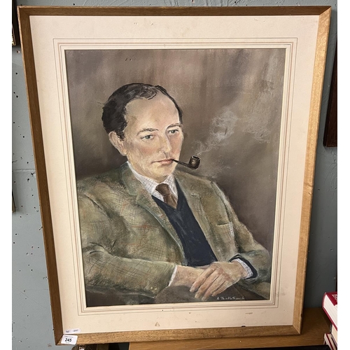 245 - Framed pastel of man smoking a pipe by A - Approx IS: 47cm x 63cm