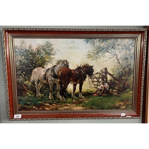 306 - Oleograph - The Ploughman's Lunch by Rosemary Welch - Approx IS: 64cm x 39cm