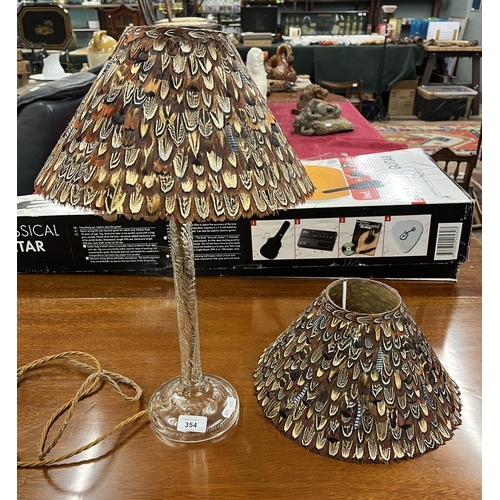 354 - Pair of pheasant feather lampshades and glass standard lamp