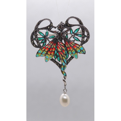 38 - Silver enamel pearl drop fairy pendant