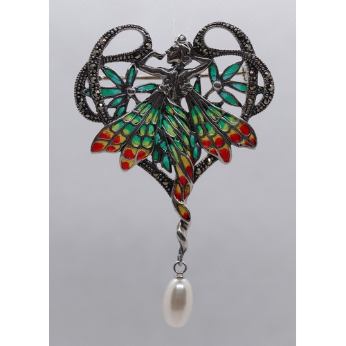 4 - Silver enamel pearl drop pendant / brooch