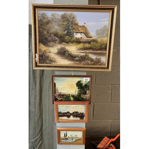 403 - Oil on canvas cottage scene by Terry Heath together with 3 unsigned small framed oil paintings