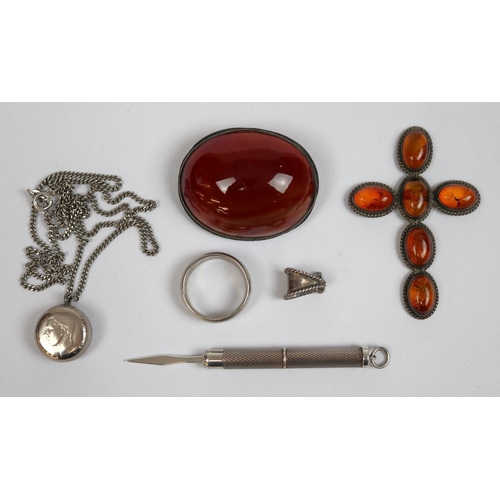 56 - Collection of silver and white metal items, including silver toothpick, amber set crucifix, carnelia... 