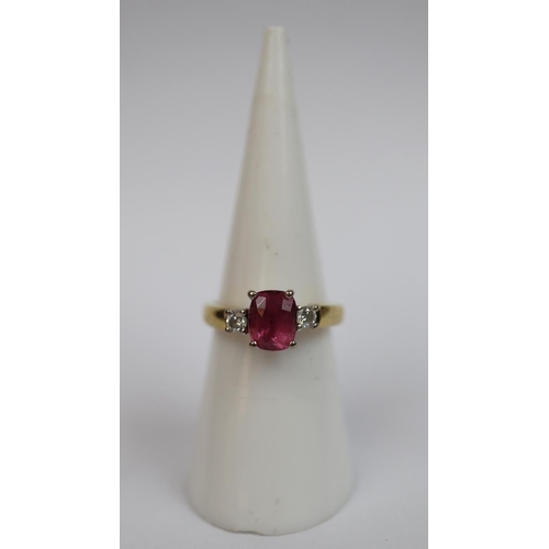 62 - 18ct gold ruby & diamond 3 stone ring - Size L