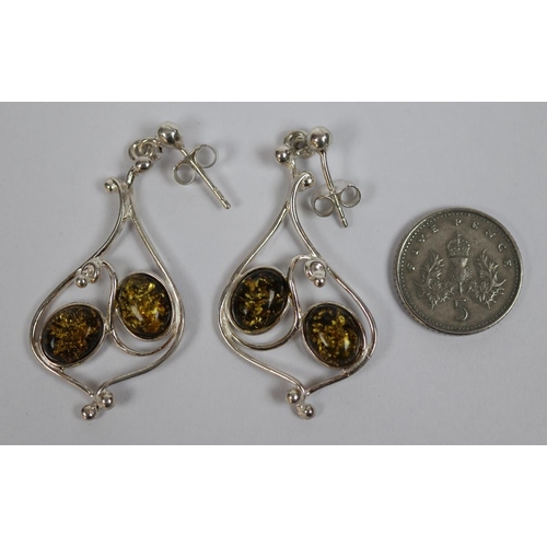 11 - Pair of silver & amber earrings