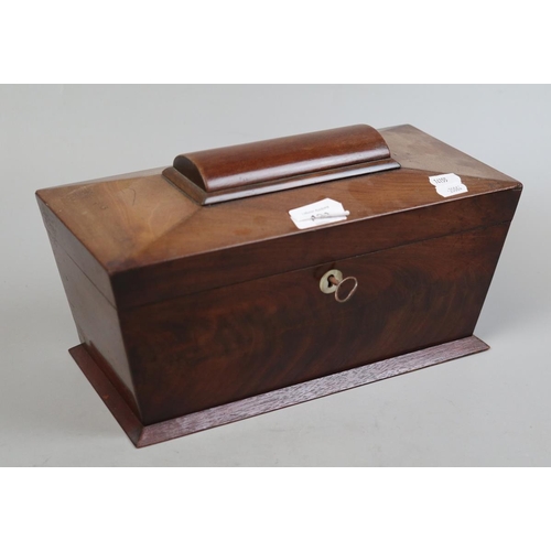 122 - Sarcophagus mahogany tea caddy together with 2 jewellery boxes and contents 