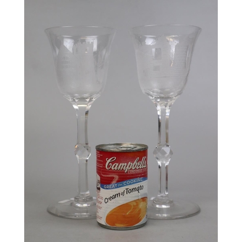 126 - Pair of tall etched glasses - Tutbury Church and Castle 1925 - Approx H: 25.5cm