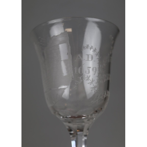 126 - Pair of tall etched glasses - Tutbury Church and Castle 1925 - Approx H: 25.5cm