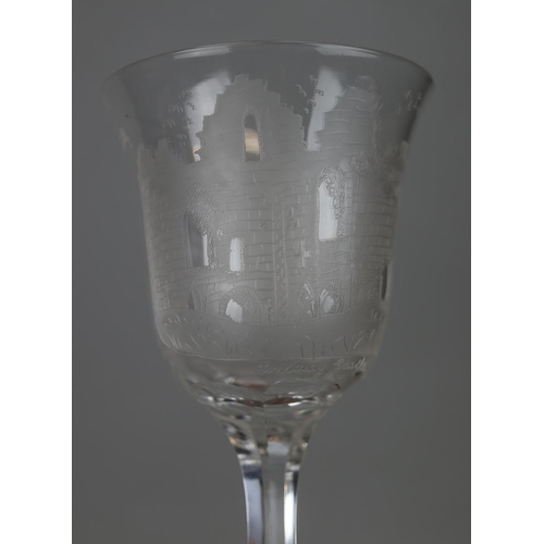 126 - Pair of tall etched glasses - Tutbury Church and Castle 1925 - Approx H: 25.5cm