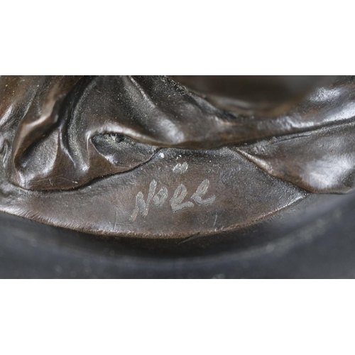 134 - 20thC bronze of a woman holding a phone marked 'noll' on marble stand - Approx H: 21cm