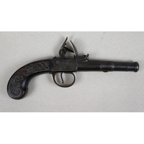 144 - Late 18thC (1790's) cannon barrel 54 bore flintlock, silver wire inlay to flat sided bag grip, engra... 