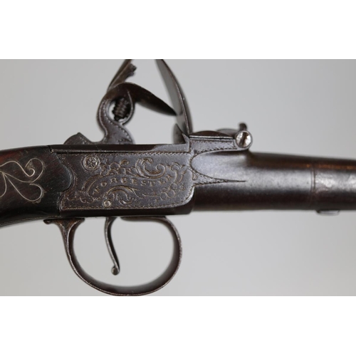 144 - Late 18thC (1790's) cannon barrel 54 bore flintlock, silver wire inlay to flat sided bag grip, engra... 