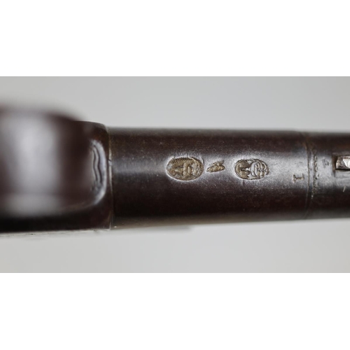 144 - Late 18thC (1790's) cannon barrel 54 bore flintlock, silver wire inlay to flat sided bag grip, engra... 