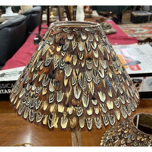 354 - Pair of pheasant feather lampshades and glass standard lamp