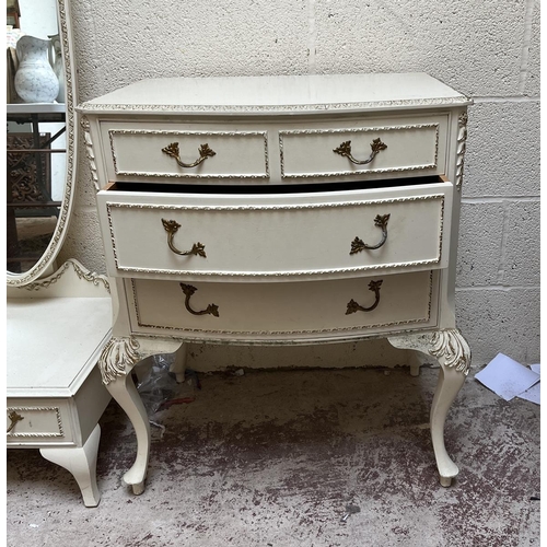 378 - French style bedroom set to include bedside chests, cheval mirror and chest of drawers