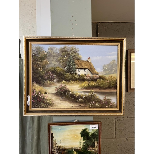 403 - Oil on canvas cottage scene by Terry Heath together with 3 unsigned small framed oil paintings