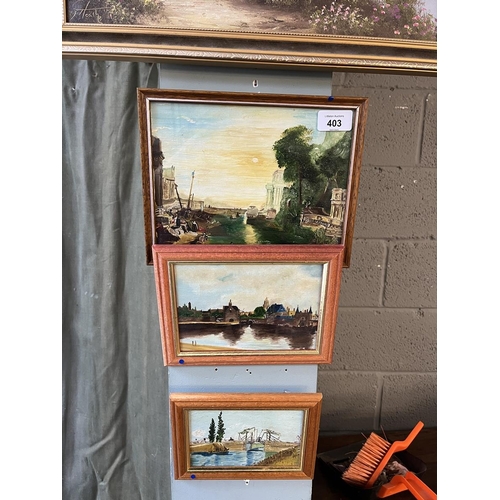 403 - Oil on canvas cottage scene by Terry Heath together with 3 unsigned small framed oil paintings