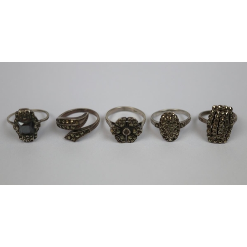 5 - 5 1930's silver & marcasite rings