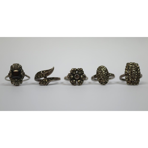 5 - 5 1930's silver & marcasite rings