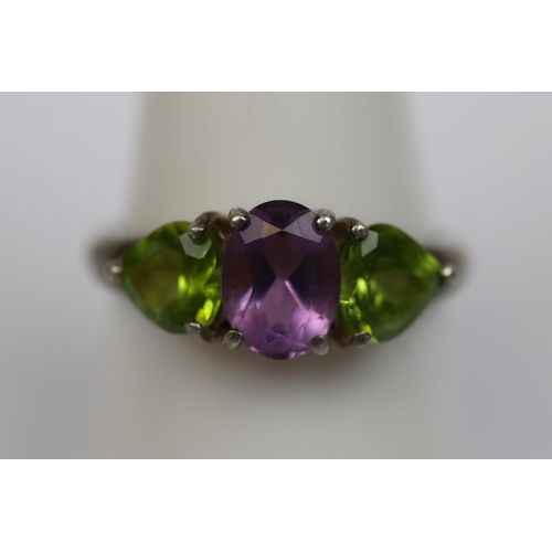 6 - Silver amethyst & peridot set ring - Size R