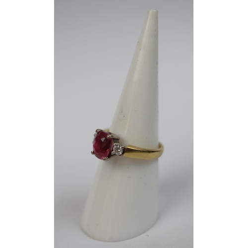 62 - 18ct gold ruby & diamond 3 stone ring - Size L