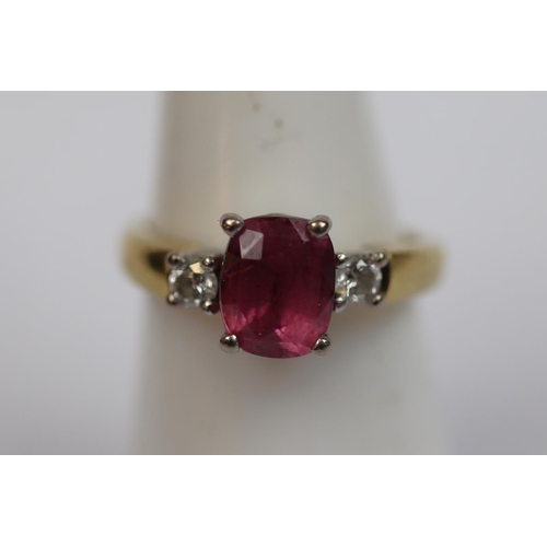 62 - 18ct gold ruby & diamond 3 stone ring - Size L