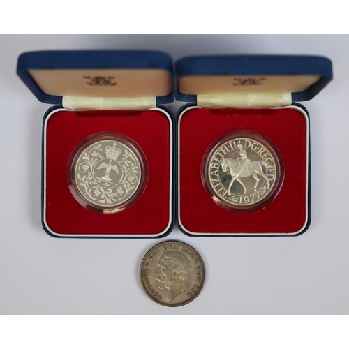 90 - Silver 1931 crown together with 2 silver proof 1977 crowns