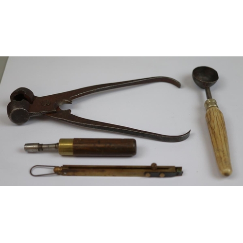 96 - Antique pistol and bullet working tools, inc. nipple key,snap cap dispenser, bullet mold and powder ... 