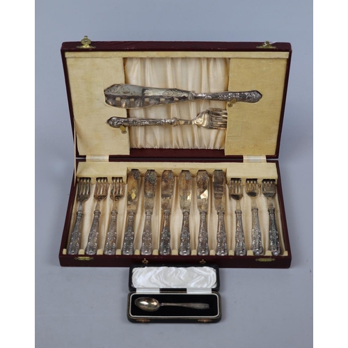 1 - Cased hallmarked silver handled cutlery together with a cased hallmarked silver teaspoon