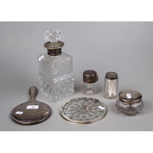 11 - Collection of hallmarked silver to include mirror, decanter and silver topped items