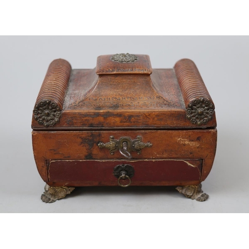 149 - Regency tooled leather bound, metal/gilt mounted work box with key and fitted interior