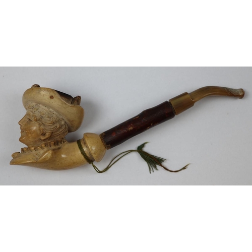 155 - Antique  'Victorian Lady's head' design carved Meerschaum pipe with wooden stem