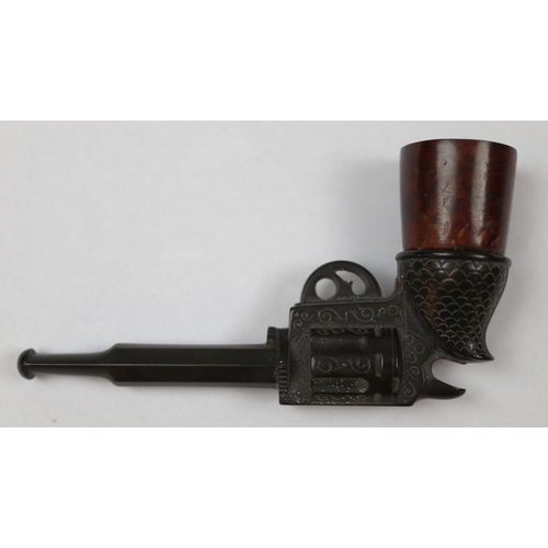 160 - Late 19thC antique 'Gutta Percha' revolver design pipe with removable briar bowl.