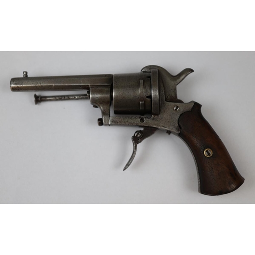 173 - Belgian proof marked 7mm Pinfire revolver, 19thC with 'CrownR' mark for rifled barrel, cleaning rod ... 