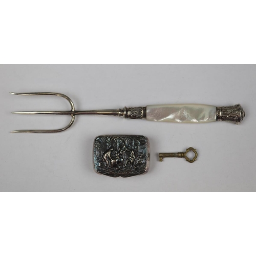 19 - Hallmarked silver pickle fork with mother of a pearl handle together with a small white metal pill b... 