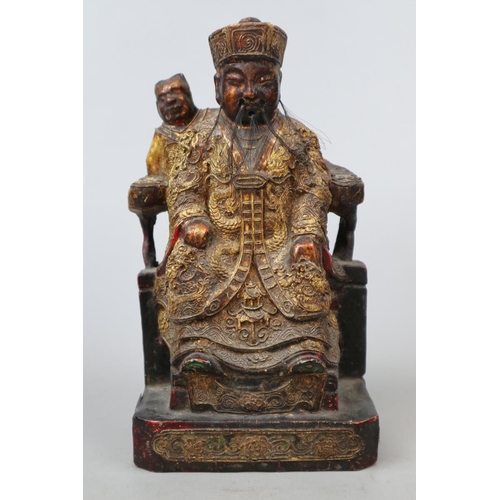 263 - Antique carved wooden deity on throne with child possibly Ming Dynasty - Approx H: 27cm W: 15cm