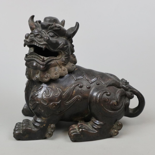 266 - Antique Chinese bronze Foo dog censer with hinged lid - Approx 17cm x 19cm