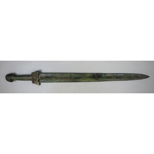 274 - Arcaic bronze Chinese sword with script to both sides of the blade. Taotie mask hilt possibly Shang ... 