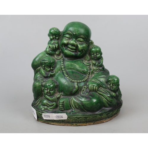 275 - Antique Chinese green pottery Buddha with children - Approx H: 20cm W: 19cm